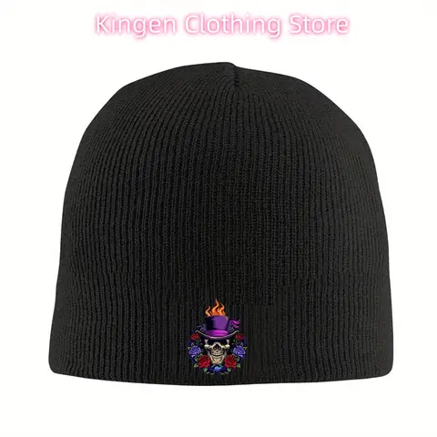1pc Halloween Fire and Rose Gothic Beanie Hat Edgy Skull Cap with Flames Warm Knit Winter Hat for Men Women