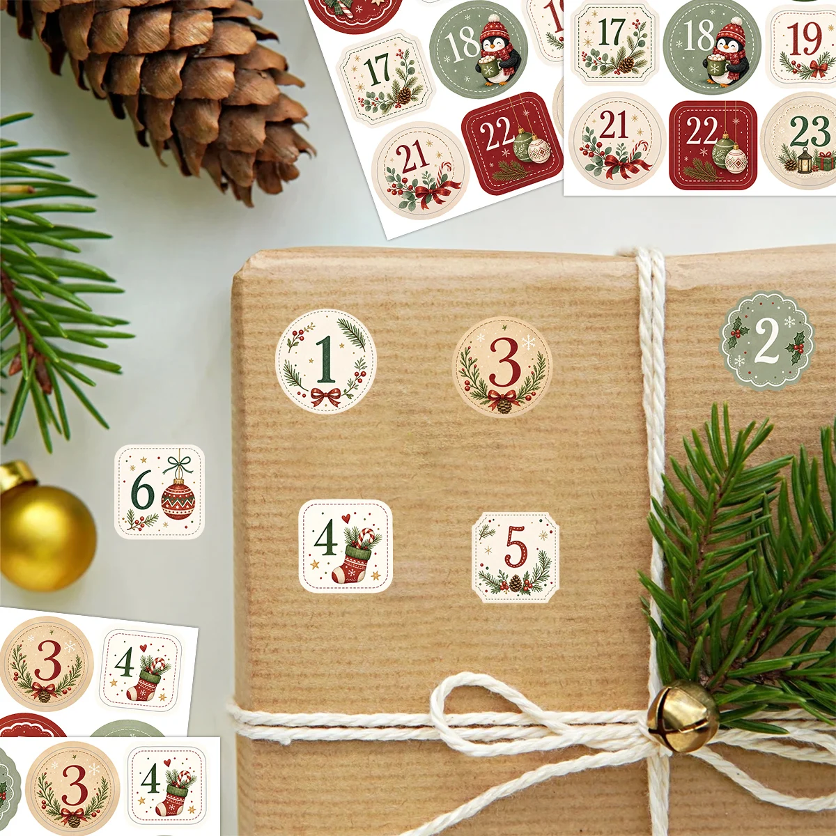 96 Stück – 4 Blatt Weihnachts-Adventszahlen-Aufkleber, 1-24 Countdown-Aufkleber, Zubehör zur Herstellung eines Adventskalenders, Geschenkverpackungsanhänger, Dekoration – Detail 5