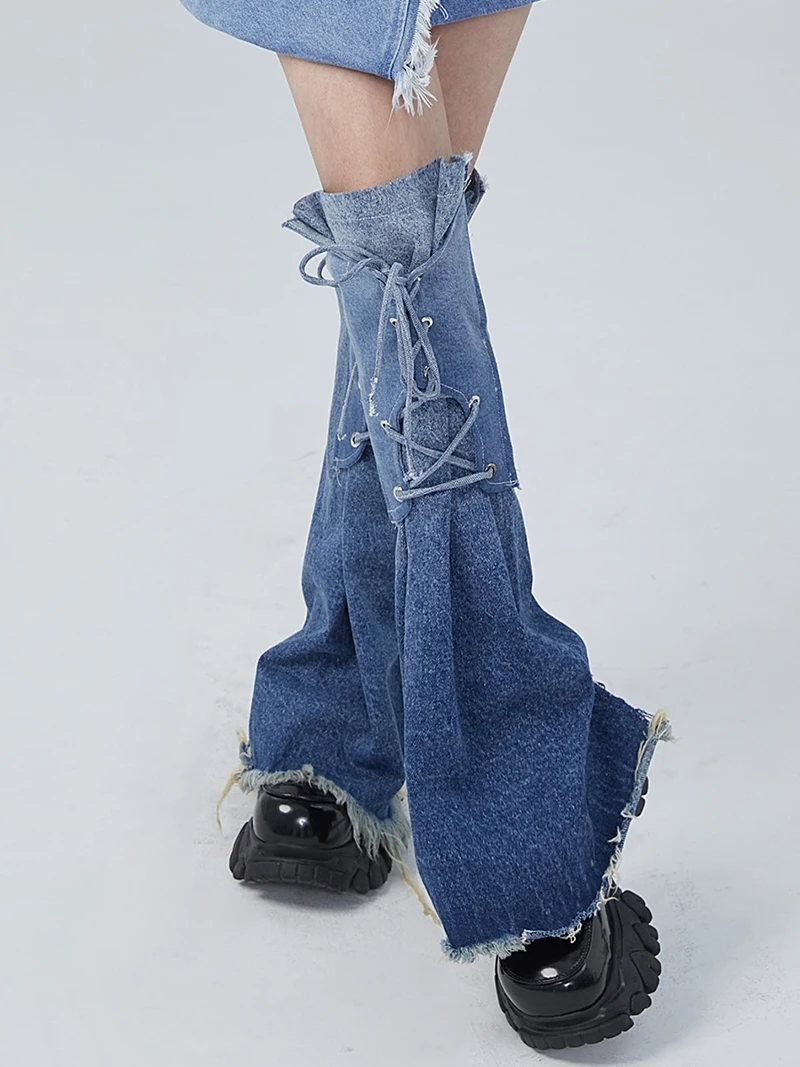 REDDACHiC Lace Up Gradient Blue Women Leg Warmers Denim Boots Cover Y2k Grayu Japanese Girl Leg Gaiters Flared Knee Long Socks image 2
