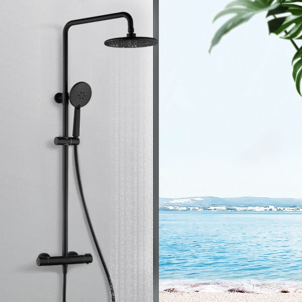 Shower System with Thermostat Black Faucet Shower Set 3 Spray Modes Hand Shower Rain Shower Height-Adjust