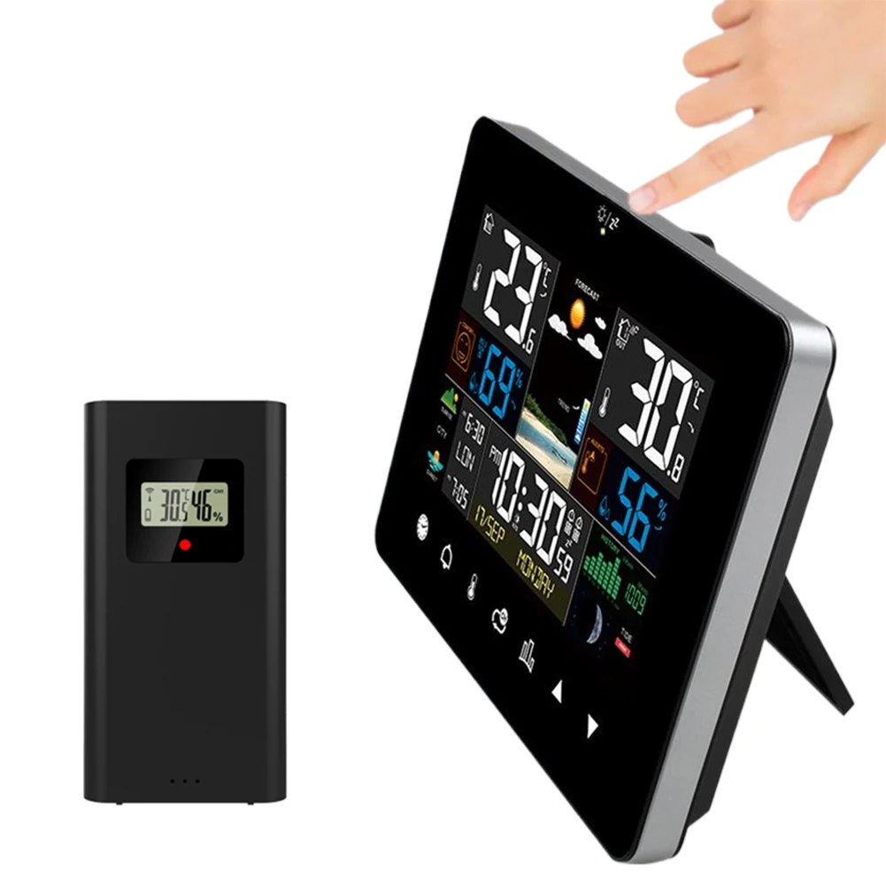 محطة الطقس المنزلية مع مقياس حرارة الساعة الذرية، محطة عرض كبيرة، محطة توقعات رقمية ملونة للمنزل