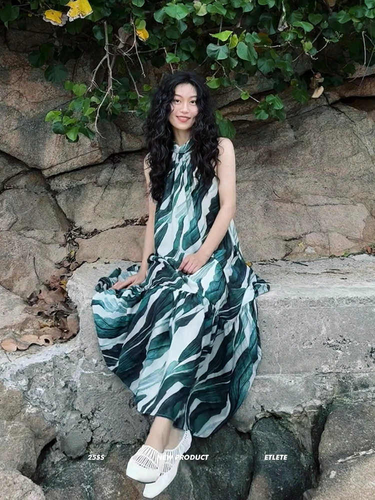 

ETLETE Summer New Loose Green Long Dress Neck Hanging Acetate Print Commute Style Women's Single Piece Polyester Fabric Dress