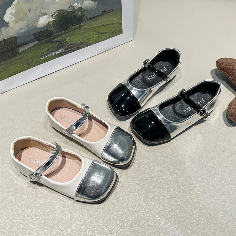 Autumn Girl's Leather Shoes Patchwork Glossy Fashion Kid's Flat Shoe Solid Colors Anti-slip Daily Versatile Children Shoes 7-12Y
