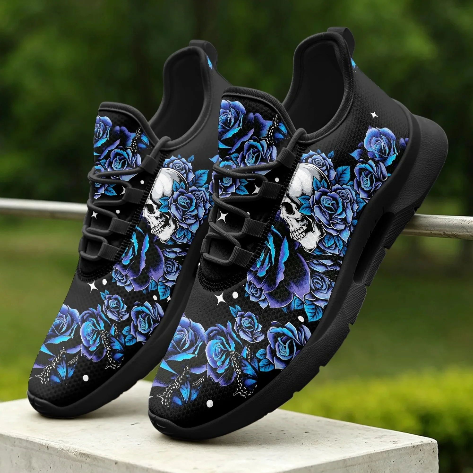 XIXIRIMIDO Skull Rose Lace-up Casual Shoes Mens Sneakers Comfortable Mesh Breathable Walking Shoes Women's Fashion Sneakers