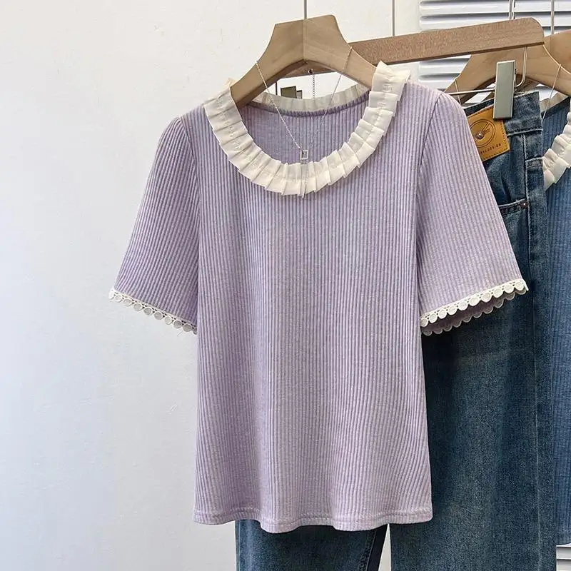 Plus Size T-shirt Women Ruffled Summer Short-sleeved T-shirt Loose New Top Vintage Clothes Kawaii O-neck Tees T Shirts Black