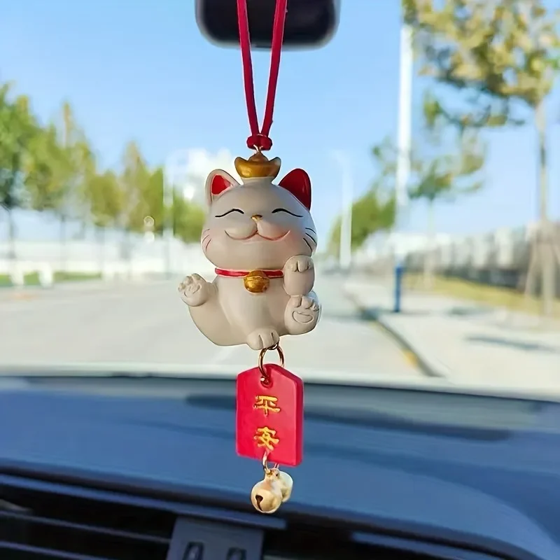 Creative Car Good Luck Cat Pendant Car Interior Pendant, Rearview Mirror Car Fortune Cat Pendant Ornament Gift