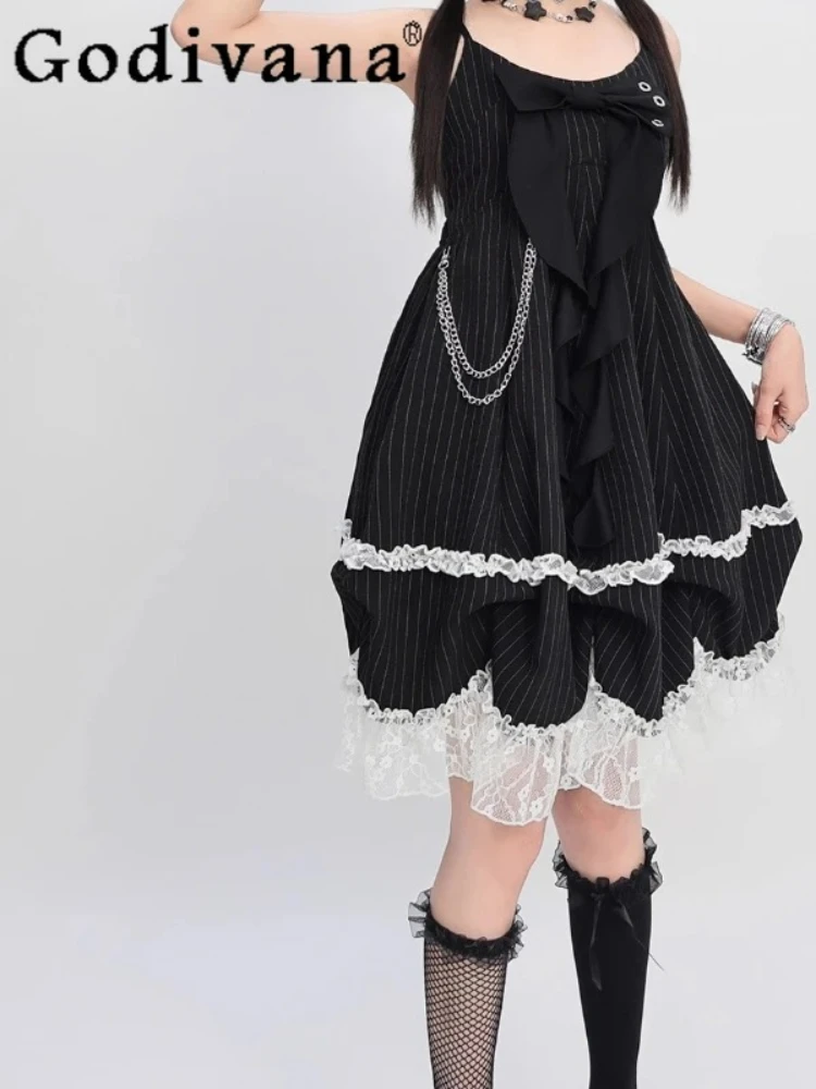 

Sweet Cool Y2k Elegant Lace High Waist A-line Loose Suspender Dress Summer New Black Striped Bow Fashion Age Reduction Dresses
