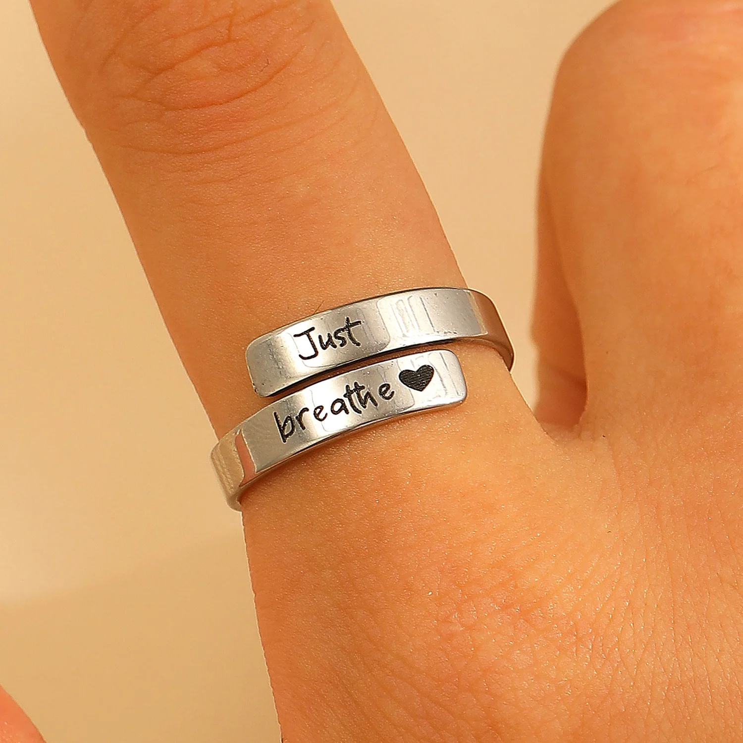 Stainless Steel Ring Just Breathe Ring for Women Men, Spiral Wrap Healing Rings, Inspirational Gifts with Message Card Box