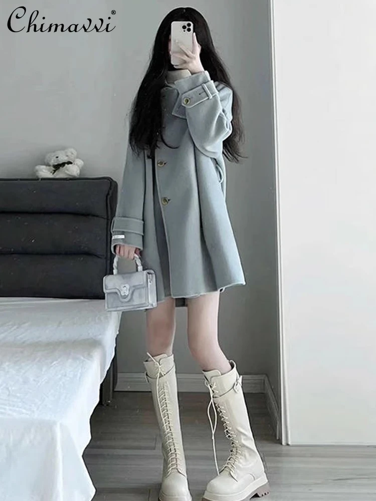 

Hepburn Style Solid Color Long Sleeve Suit Collar Women's Woolen Coat 2023 Autumn Winter Korean Sweet Single Breasted Coat