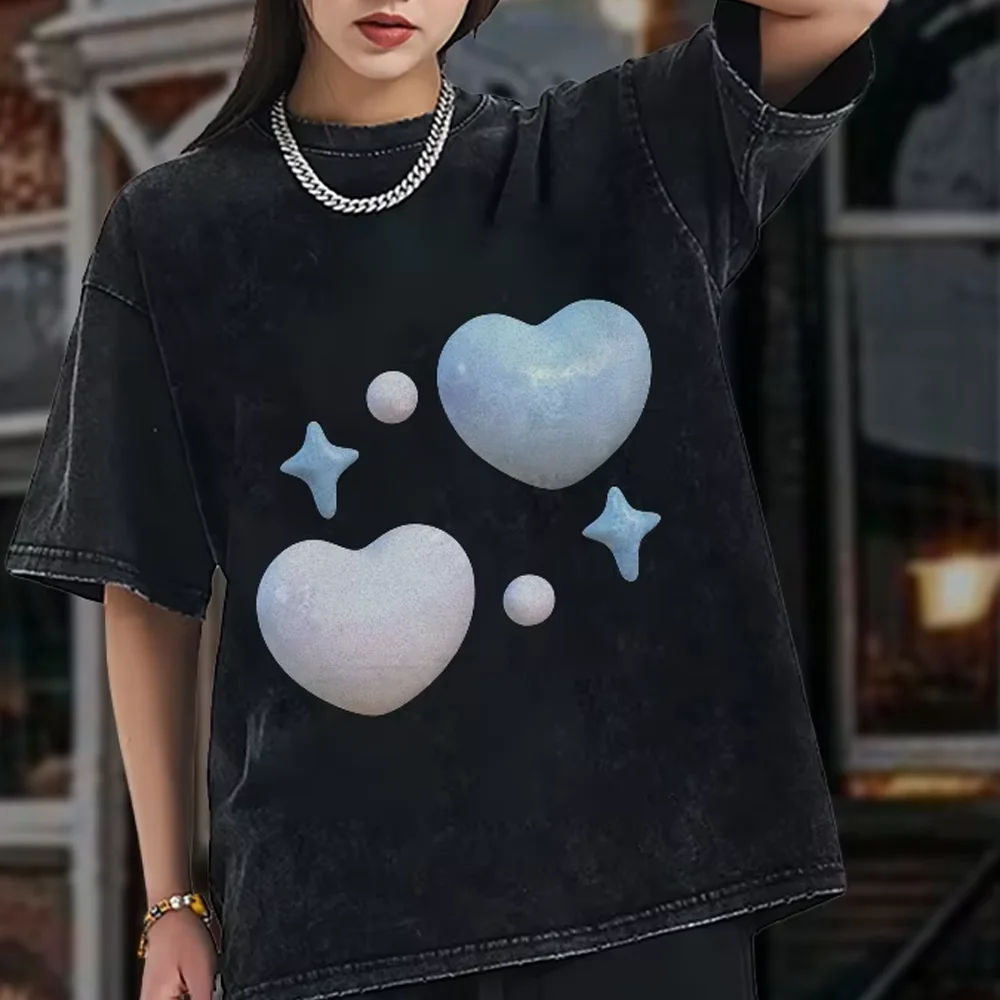 

Heart and Star Print Y2k Graphic T-Shirt Romantic Dreamy and Whimsical Cotton Clothes Soft Fabric for Love-Themed Casual Looks