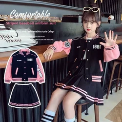 Girls Korean Style Pleated Skirt Set 2024 Autumn New Fashionable Mid To Large Children's Baseball Jersey Mini Dress 2-piece Set