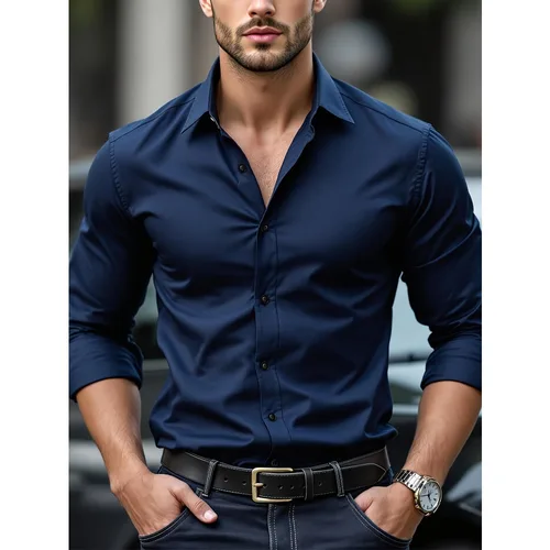 Imagen 1 del producto FGKKS nueva camisa Casual para hombre marca de moda Color sólido manga larga tela elástica camisa de vestir de negocios para hombre