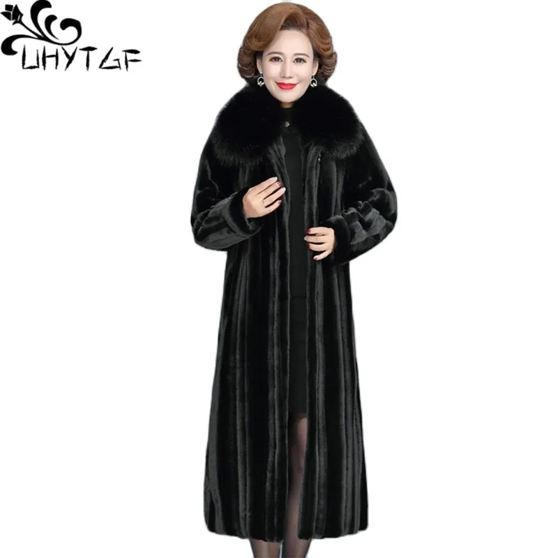 

UHYTGF New Winter Fur Coat Women Quality Mink Hair Casual Warm Long Jacket Female Luxury Fur Collar Elegant Mom Outerwear 1987