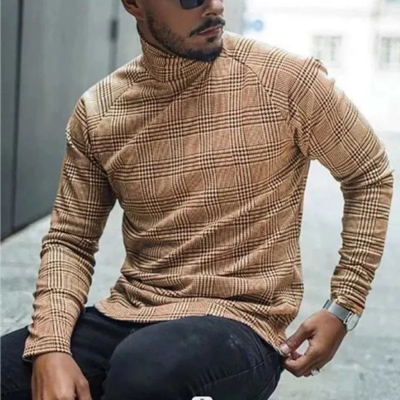 High Neck Bottoming Men's Long-sleeved T-shirt Thousand Grid Birds Pile Collar Spring New Men's Clothing