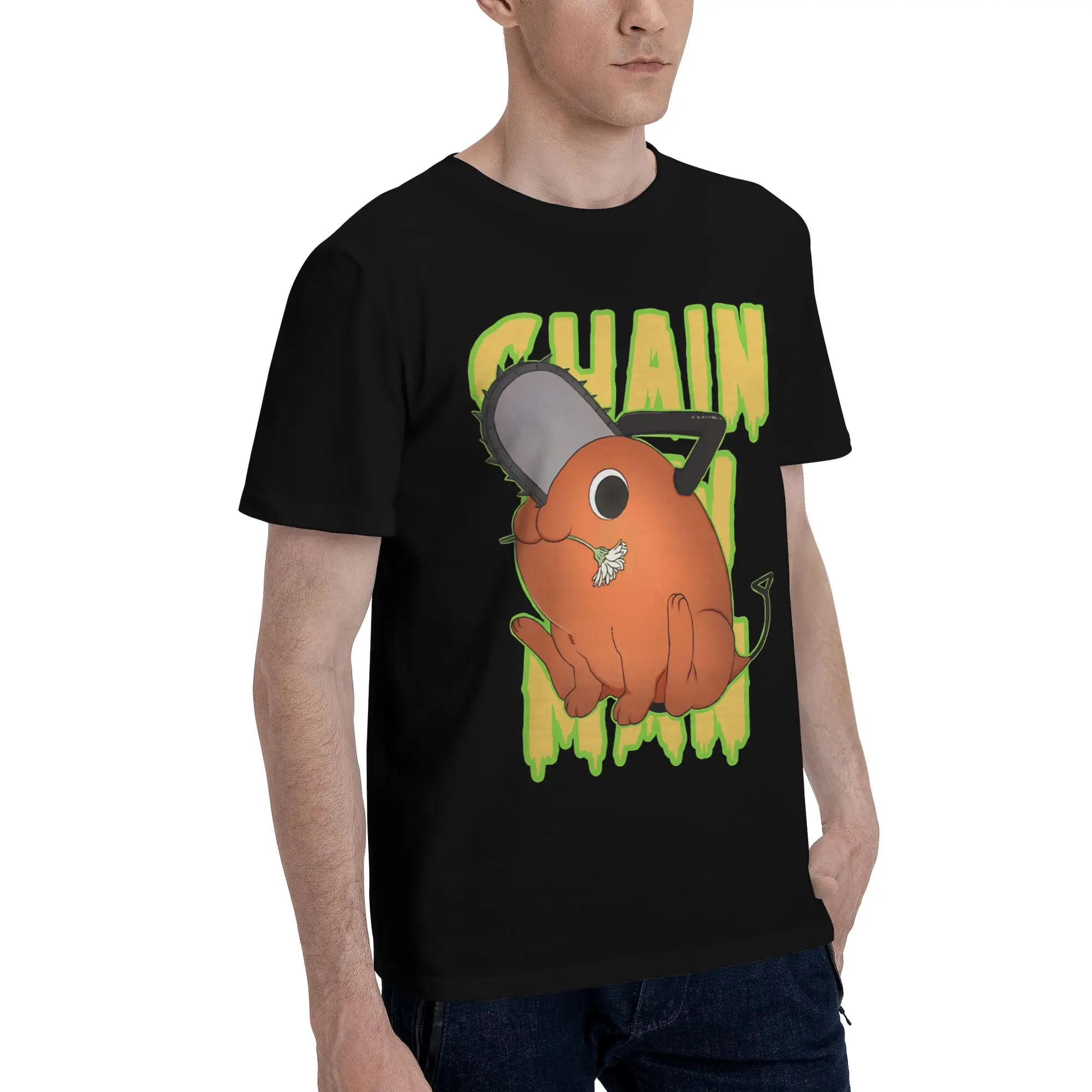 Doodle Yellow Pochita  Novelty 100% Cotton T-Shirt Bandai Chainsaw Man Tees Tops For Men