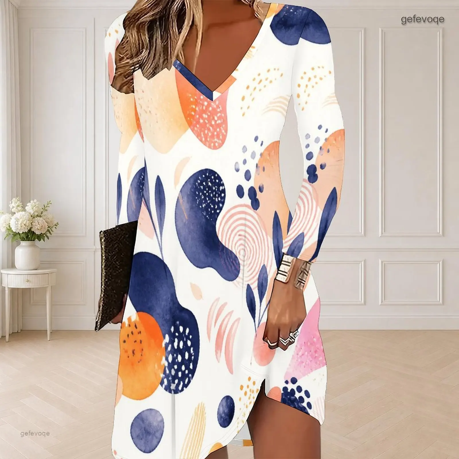 Women Printed Dress V Neck Long Sleeve Curved Hem
