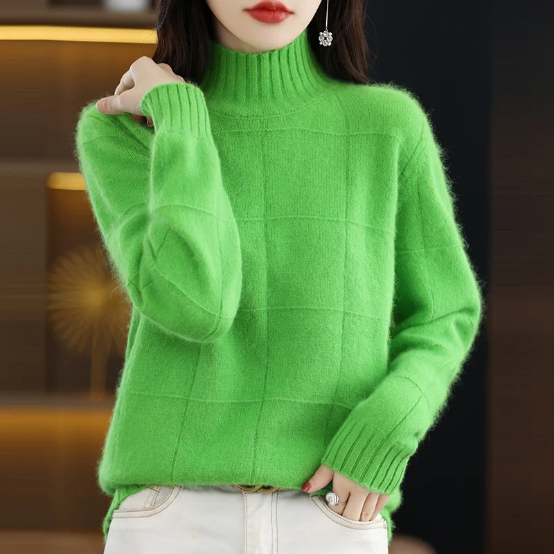 Autumn and Winter New High Collar Women\'s Sweater 100% Pure Mink Cashmere Knitted Pullover Solid Color Slim Fit Fashion Top