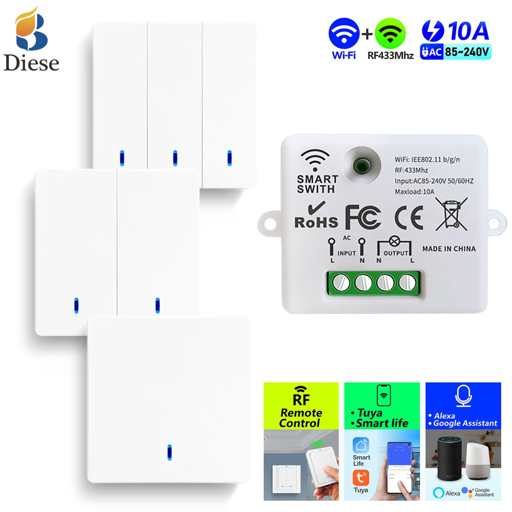 Tuya Google Home Alexa Smart Life APP smart home WIFI and RF433Mhz Wireless Remote Control light Switch AC110V 86panel for light