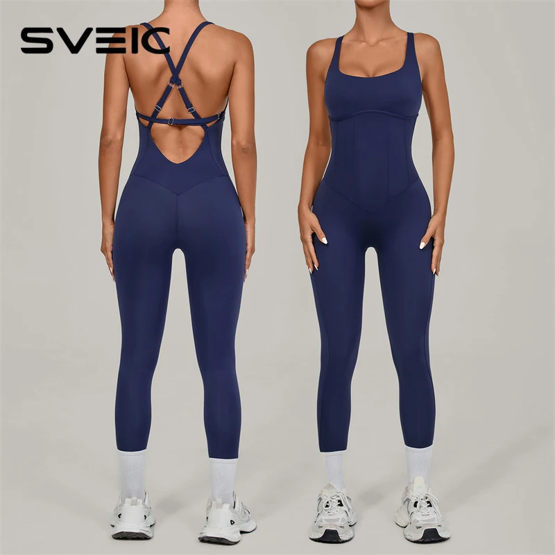 

SVEIC Jumpsuit Yoga Adjustable Shoulder Strap Backless Cross Fitness Workout Leggings One Piece Bodysuit Sport Gym Women Clothes