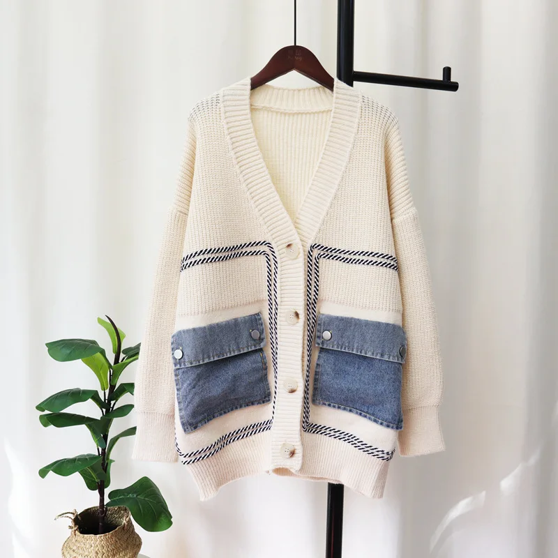 srping Women Knitted denim Sweater cardigan For Women Long Sleeve patchwork oversized overcoat winter Wholesale Dropship