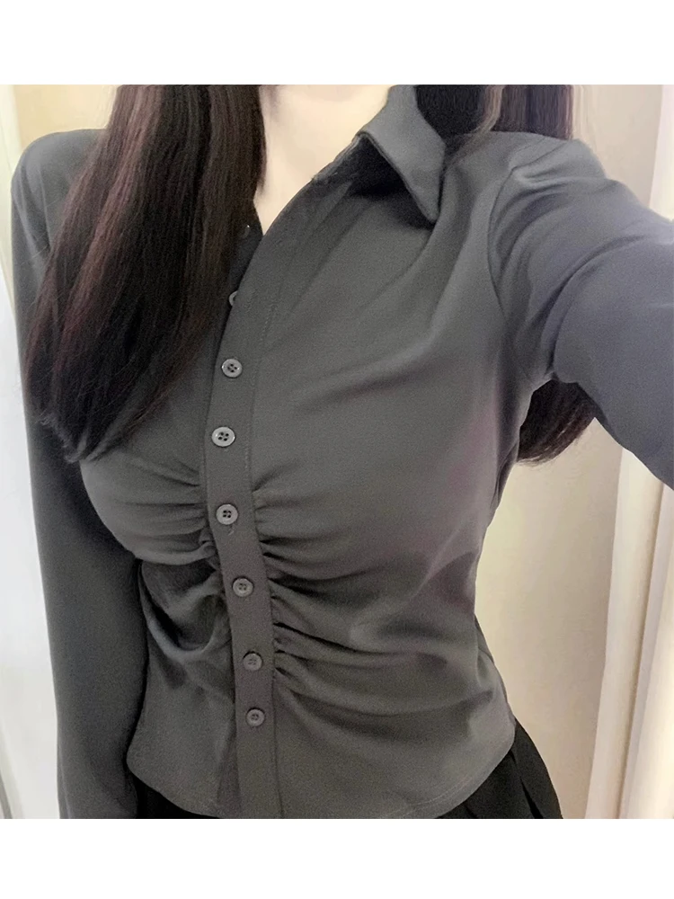 

plus Size Women's Deep ey Long Sve irt Waist Cinching Concealing Design Korean Sle Commute Faion Pure Color C...