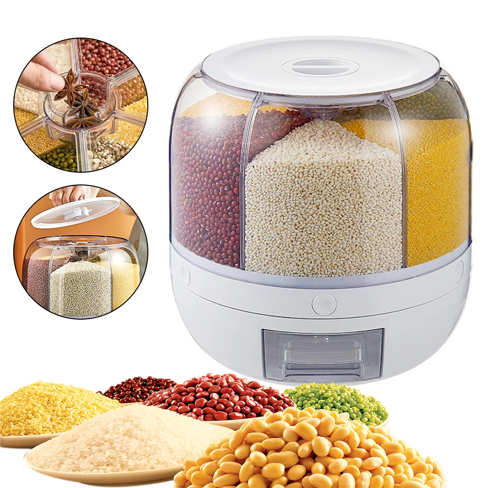 Kitchen Dry Food Rice Container 6-Grid Cereal Dispenser Storage Box