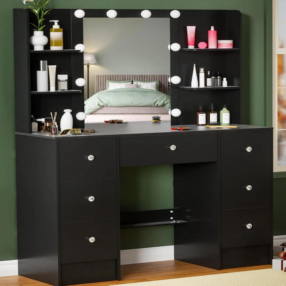 مكتب زينة فاخر أسود كبير 55 بوصة ارتفاع مع مرآة وأضواء، 7 أدراج، 6 أرفف مكياج كبيرة، 10 لمبات، 3 أوضاع #1