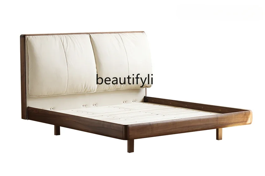 

Black walnut full solid wood bed modern simple 1.8 meters double bed leather soft bag suspended master bedroom bed