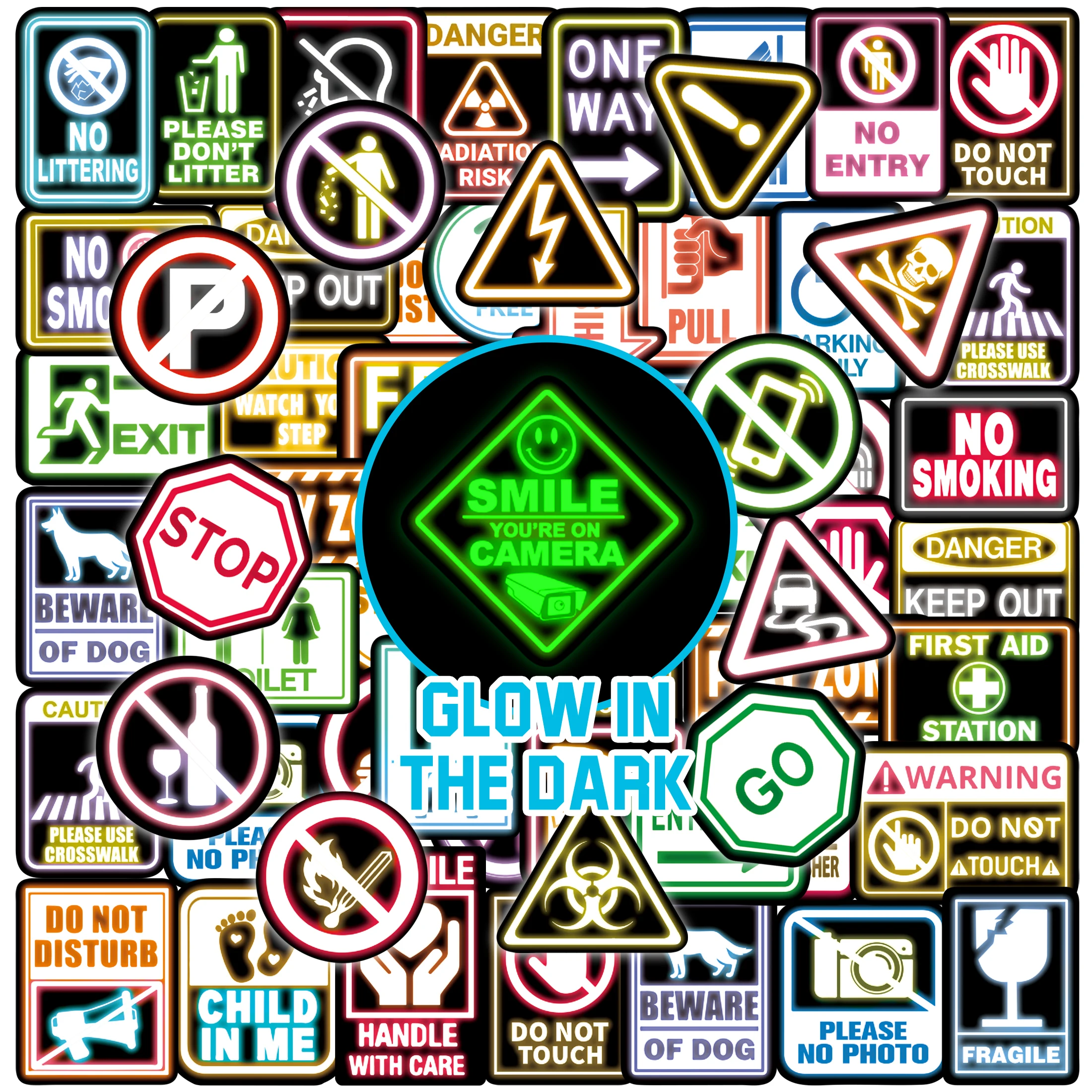 

Glow in the Dark Funny Warning Sign Waterproof Stickers Pack - Humorous Caution Sign Vinyl Decals for Teens & Prank Lovers
