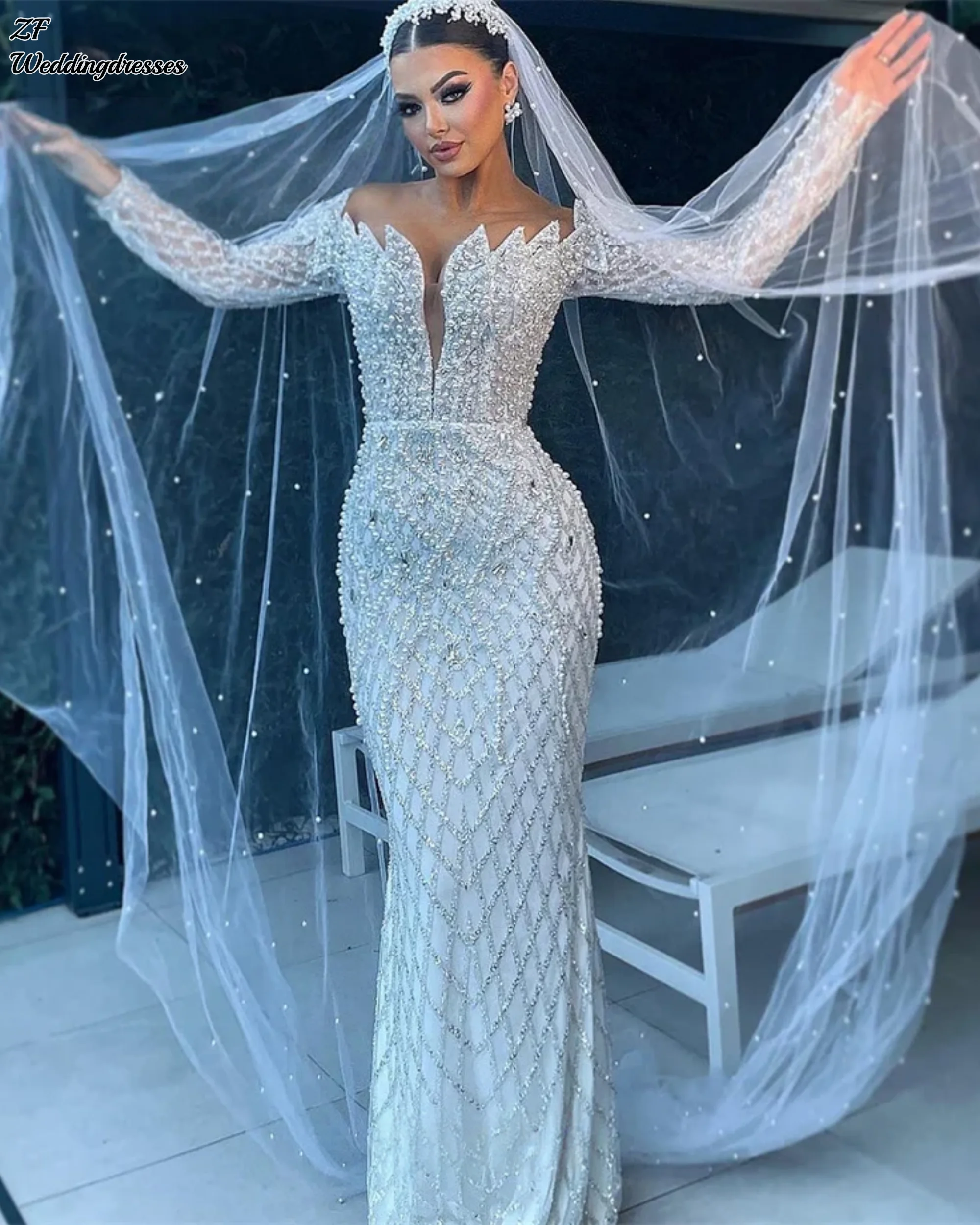 

Customized Beaded Luxury Pearls Mermaid Wedding Dresses Off Shoulder Arabic Bridal Gowns Crystal Custom Made Wedding Bride Dres