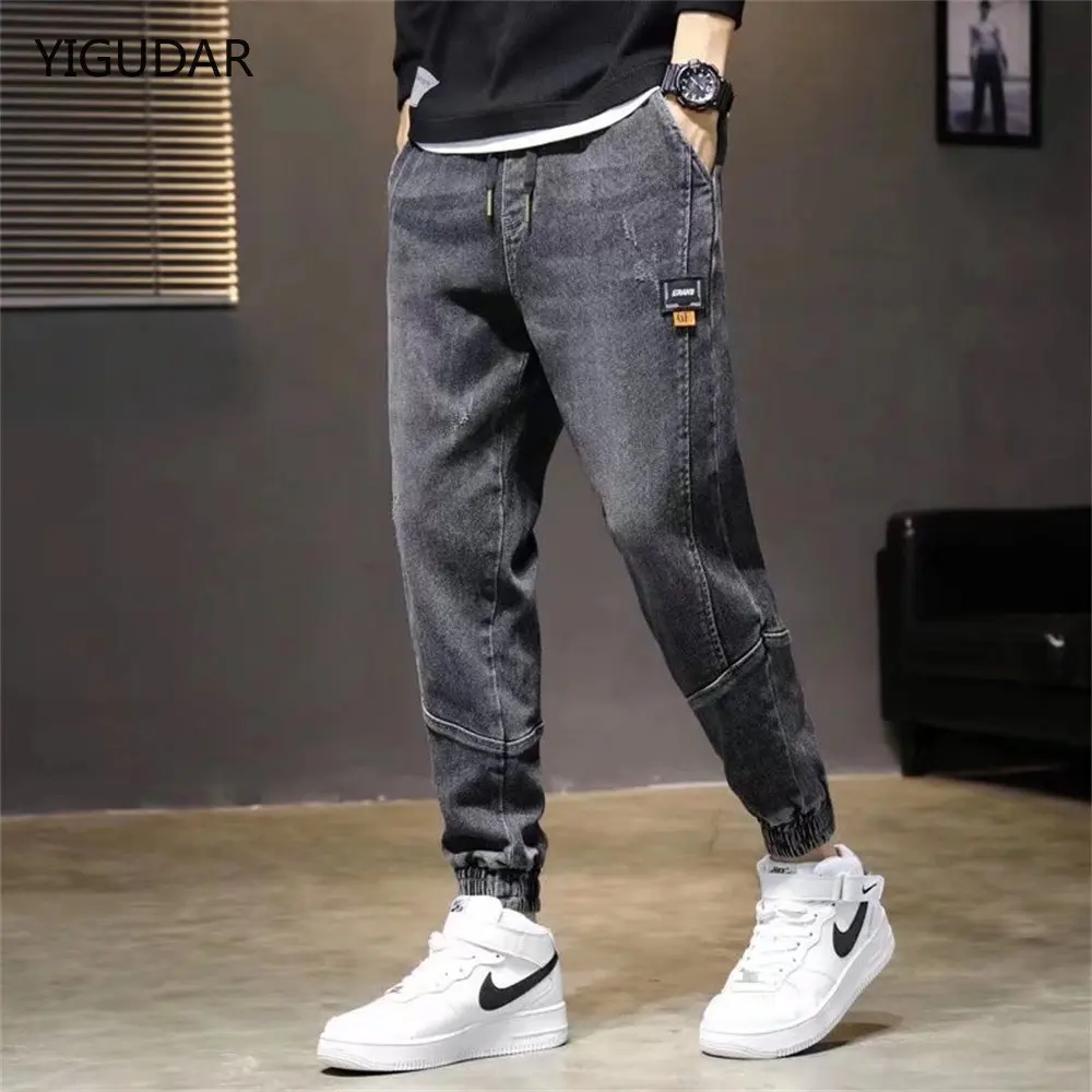 

Soft Men Jeans Solid Color Men Pants Elastic Waist Drawstring Spring Men Trousers Ankle Banded Spring Pants for Daily Wear