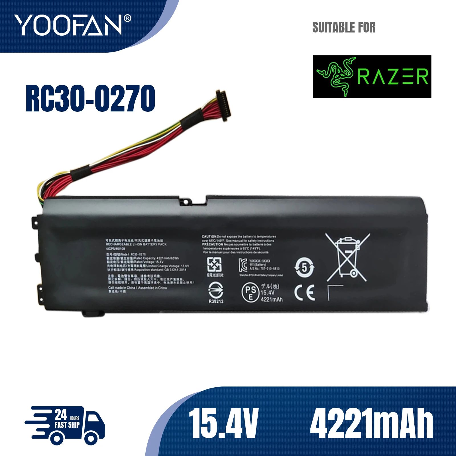 

YOOFAN Batería Original para ordenador portátil Razer Blade 15, 15,4 В, 65 Втч, RC30-0270 Base, RZ09-02705E76-R3U1