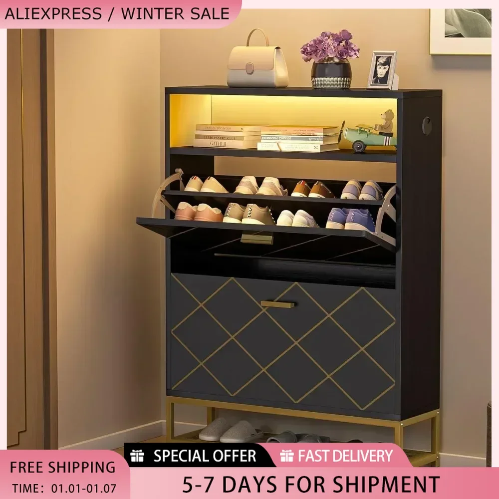 Shoe Cabinet Colorful Led Light 24 Pairs Shoe Rack Organizer with 2 Flip Drawers and Open Storage Cabinet Free shipping