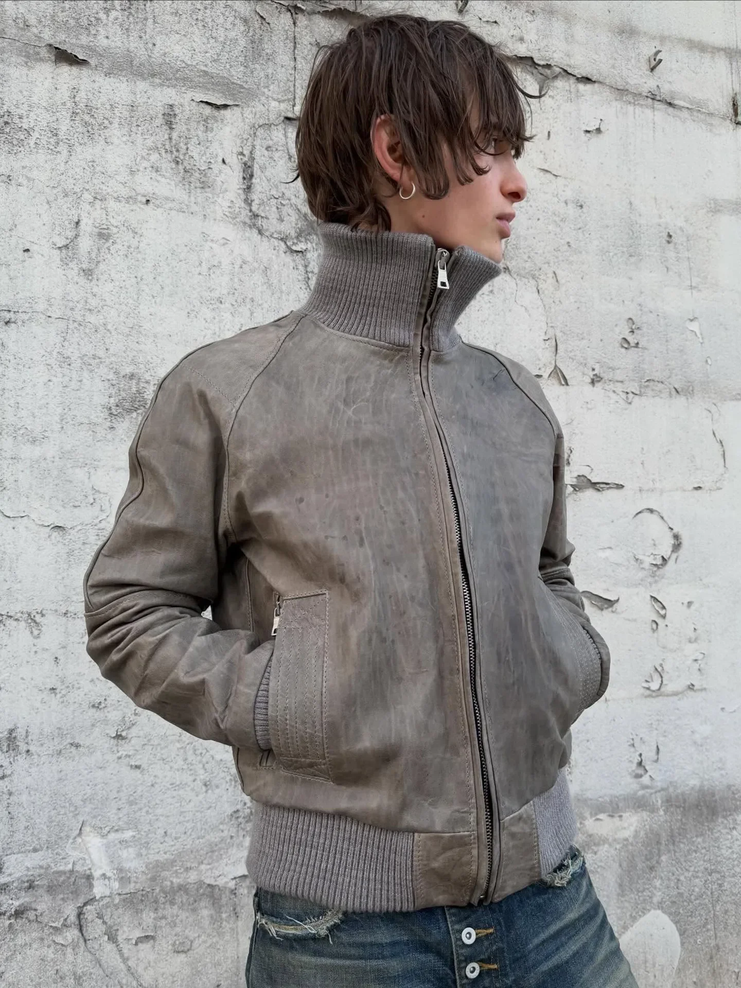No Faith Studios khaki turtleneck casual three-dimensional boxy cotton jacket leather jacket