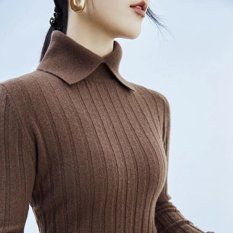 Women Korean Fashion Elegant Polo Collar Ribbed Knitted Sweater Autumn Winter Solid Long Sleeve Slim Pullover Tops Basic Jumper