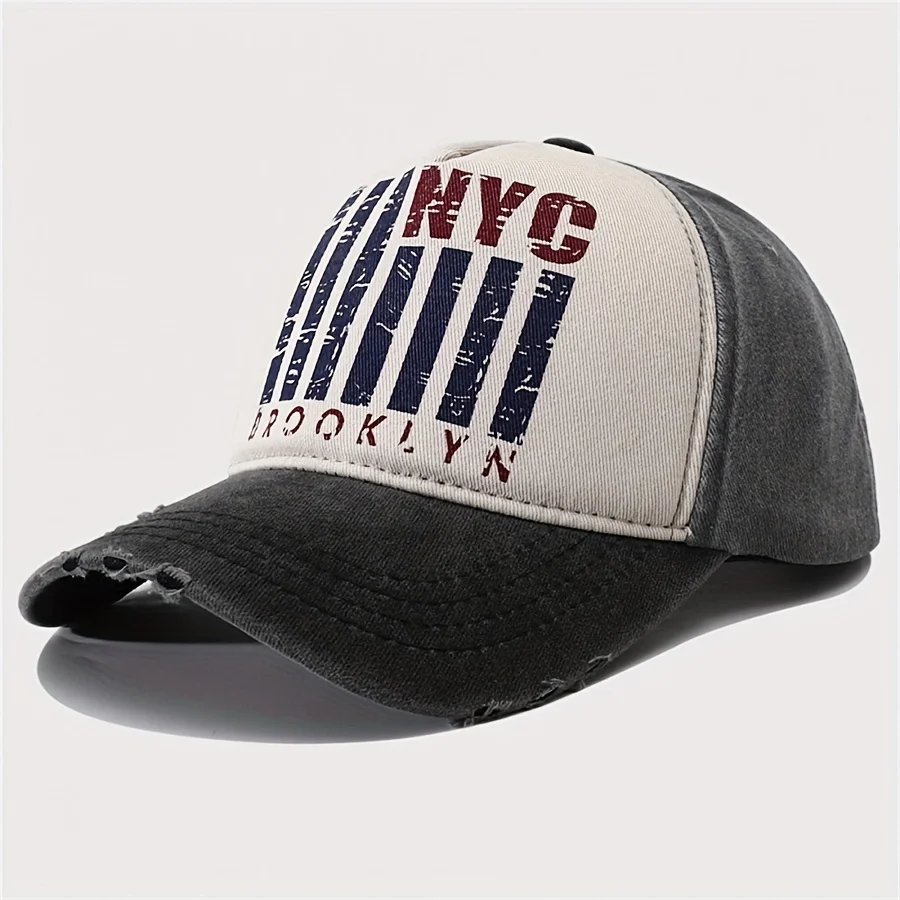 Cool Classic Vintage Style Curved Brim Baseball Cap, NYC Print Distressed Cotton Trucker Hat, Ripped Hippie Snapback Hat For Cas