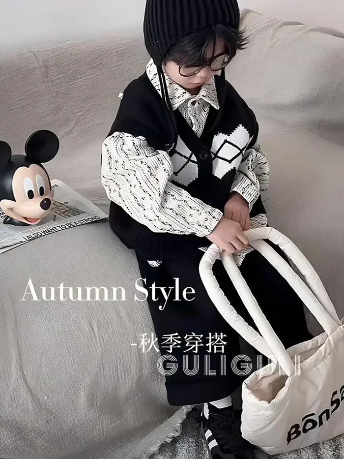 Korean Style Childrens Wear Boys Vest Autumn 2024 Knit Vest Clip Three-piece Classic Fashion Childrens Casual Pants