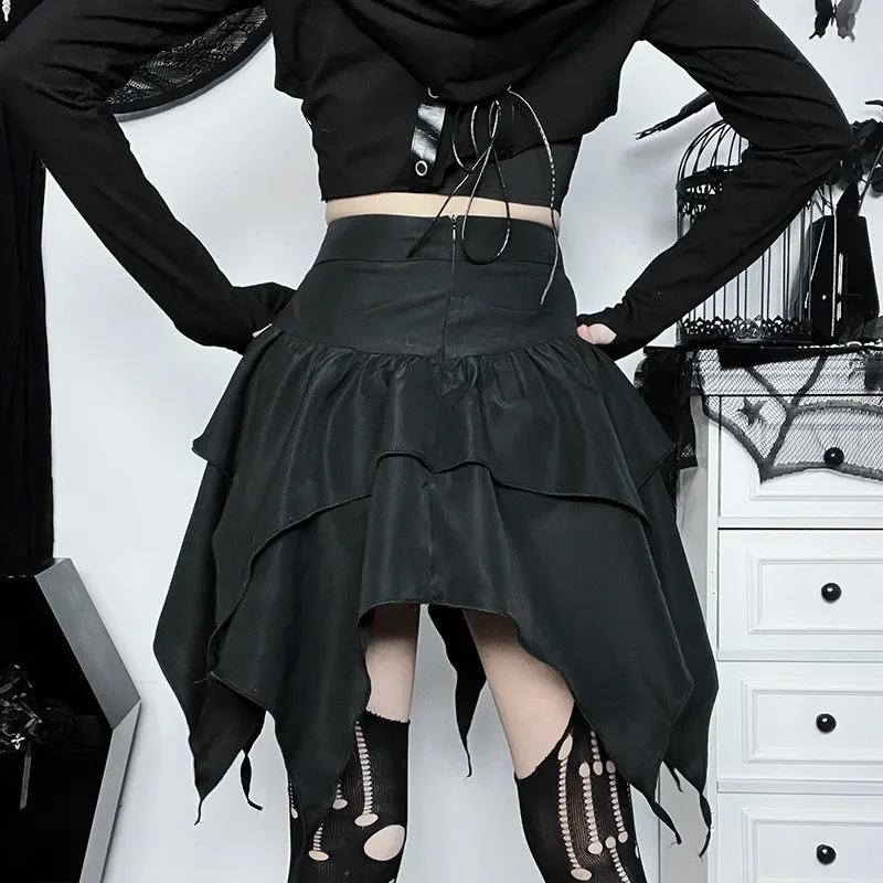 New Sexy Women Gothic Punk Irregular Skirts Solid Color Drawstring Tie-Up Ruched Ruffles Mini Skirt Summer Fashion Short Skirts