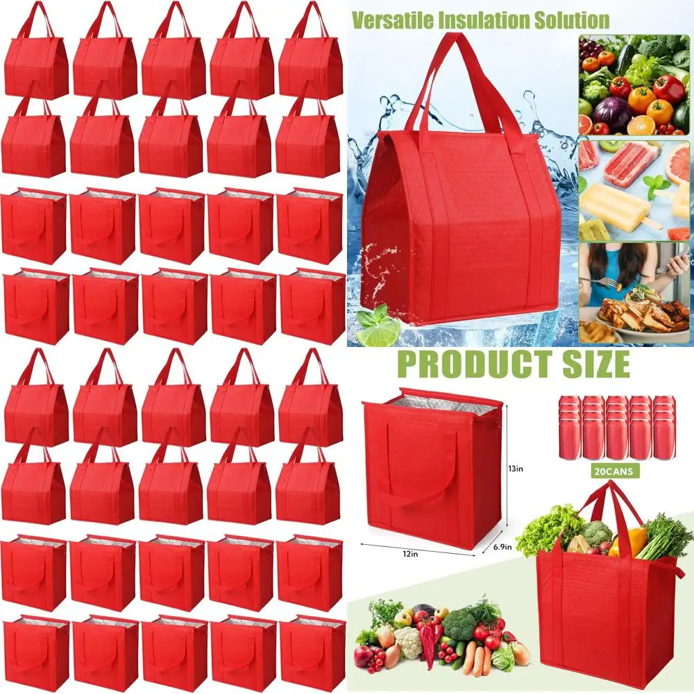 

20 Pack Insulated Shopping Bags with Zipper, Foldable Cooler Tote Bags for Hot and Cold Food Storage