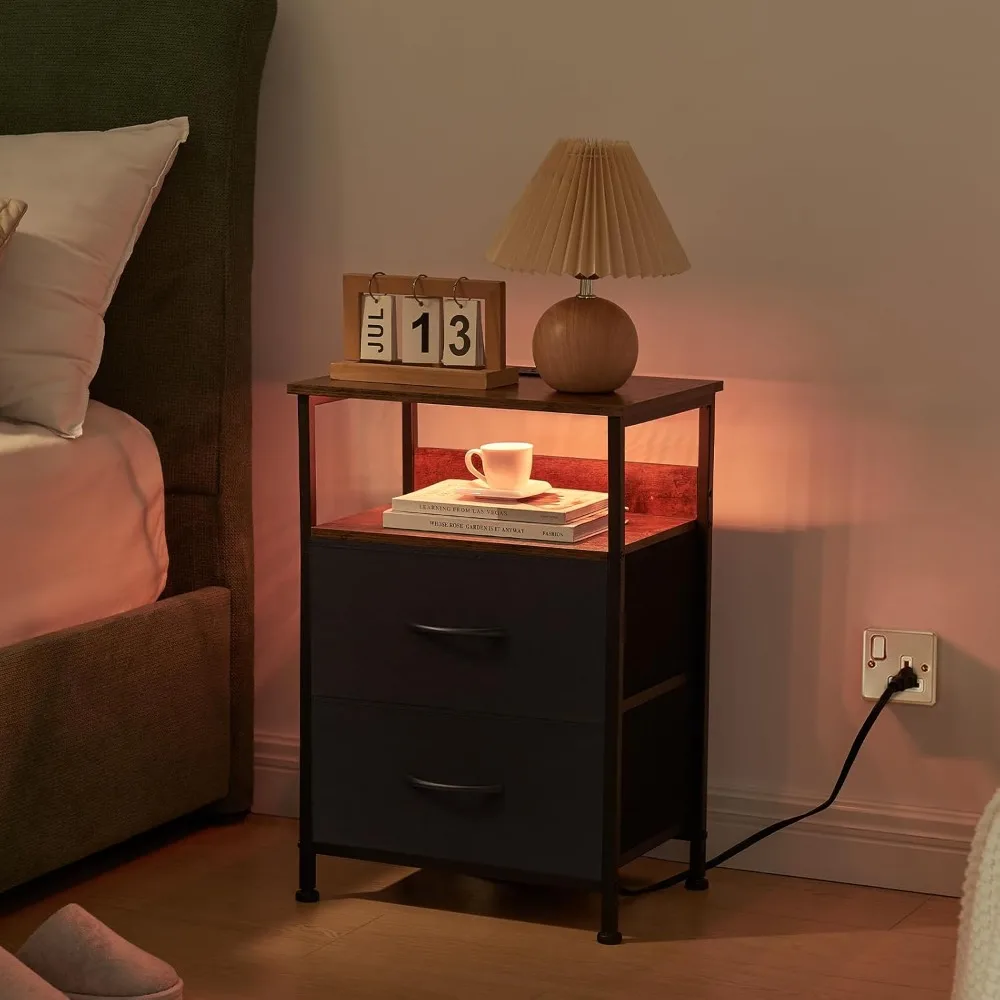 Bedside table with charging station and LED light for bedroom, high 1-drawer dresser with fabric bucket for bedside laundry