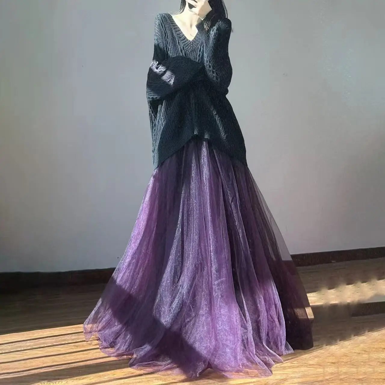 Elegant Vintage Purple Skirt Women's Traditional Mesh High Waist Hanfu Skirts Stage Performance Large Hem Skirts Daily Wear Tutu