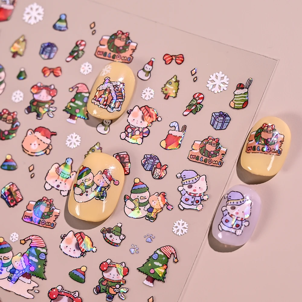 12 unids/set de pegatinas para uñas con diseño de oso/gatito de Navidad, efecto de cristal láser 5D, pegatinas para uñas con copos de nieve y árbol de Navidad, decoración navideña DIY