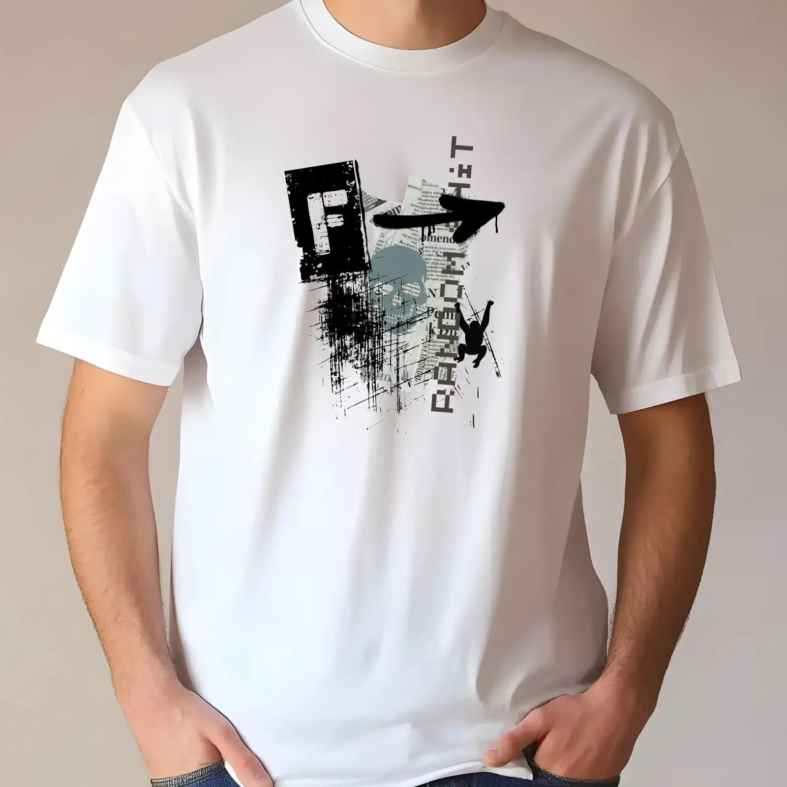 Urban Street Art T Shirt Grunge Skull Newspaper Collage Skate Inspired Design vintage Washed Unisex designer clothes homme