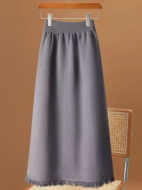 กระโปรงผ้าวูลสำหรับผู้หญิง ฤดูใบไม้ร่วง ฤดูหนาว กระโปรงทรงเอวสูง กระโปรงยาวปานกลาง กระโปรงผ้าถักแบบลำลอง ผ้าฝ้ายถัก ยืดหยุ่น 100%