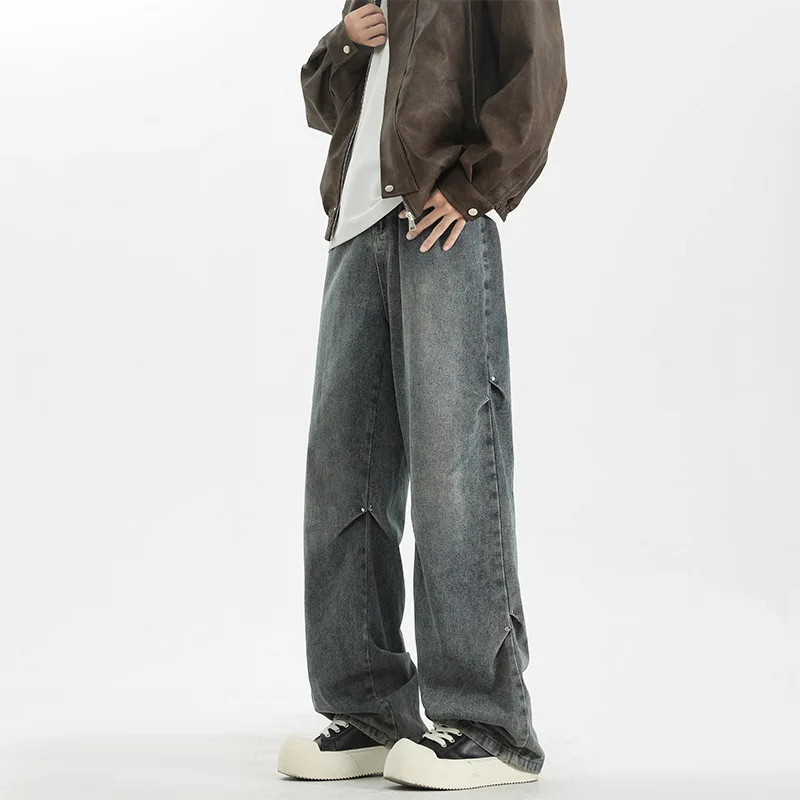 

2025 винтажные новые модные мужские повседневные свободные широкие прямые плиссированные джинсовые брюки в американском стиле, мужские простые брюки