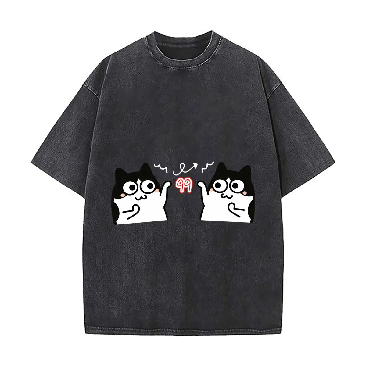 Cute Cartoon Cats Big Eyes Raised Paws 99 Washed Distressed Loose Streetwear Tops for City Walks