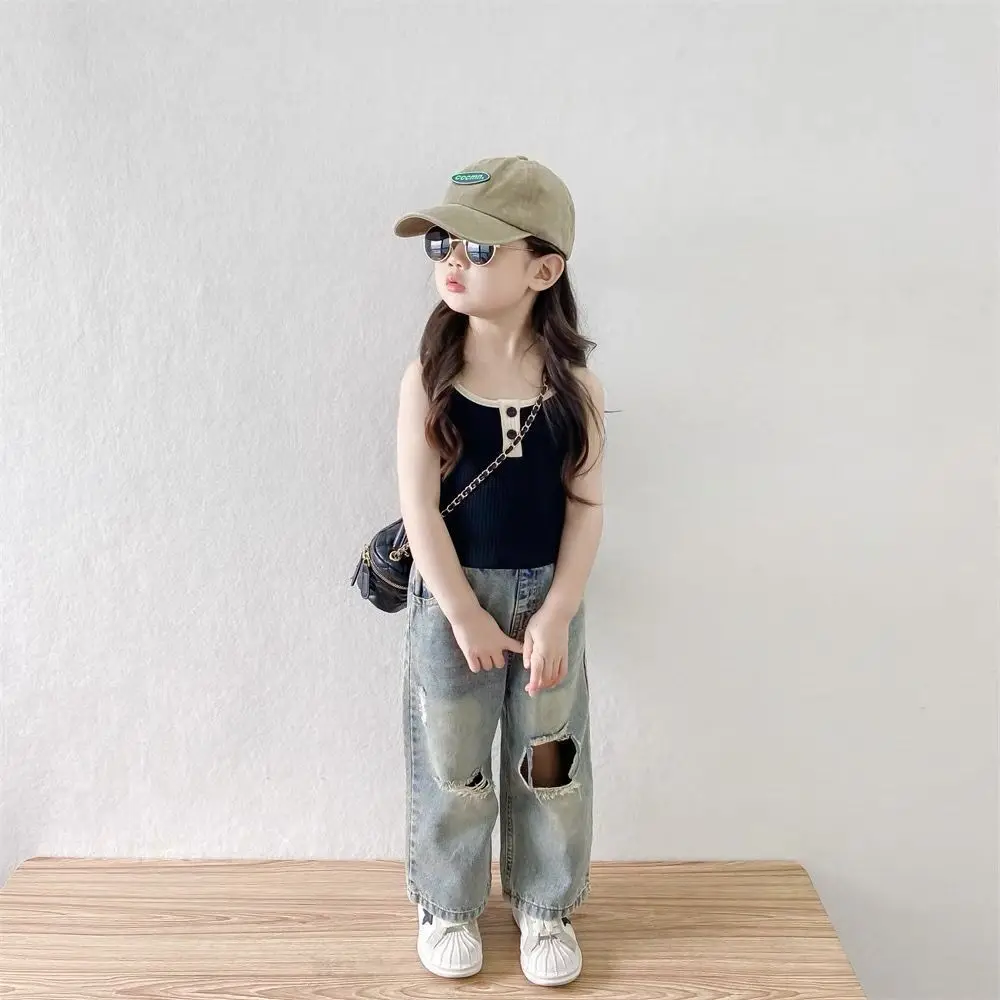 

Girls' summer outfit set 2025 new children's suspender T-shirt+retro distressed jeans two-piece set
