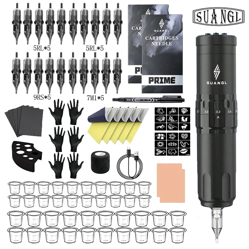 SUANGL Tattoo Kit Wireless Pen 1600mAh Battery Machine Includes Ink Needles for Pros Beginners Supplies