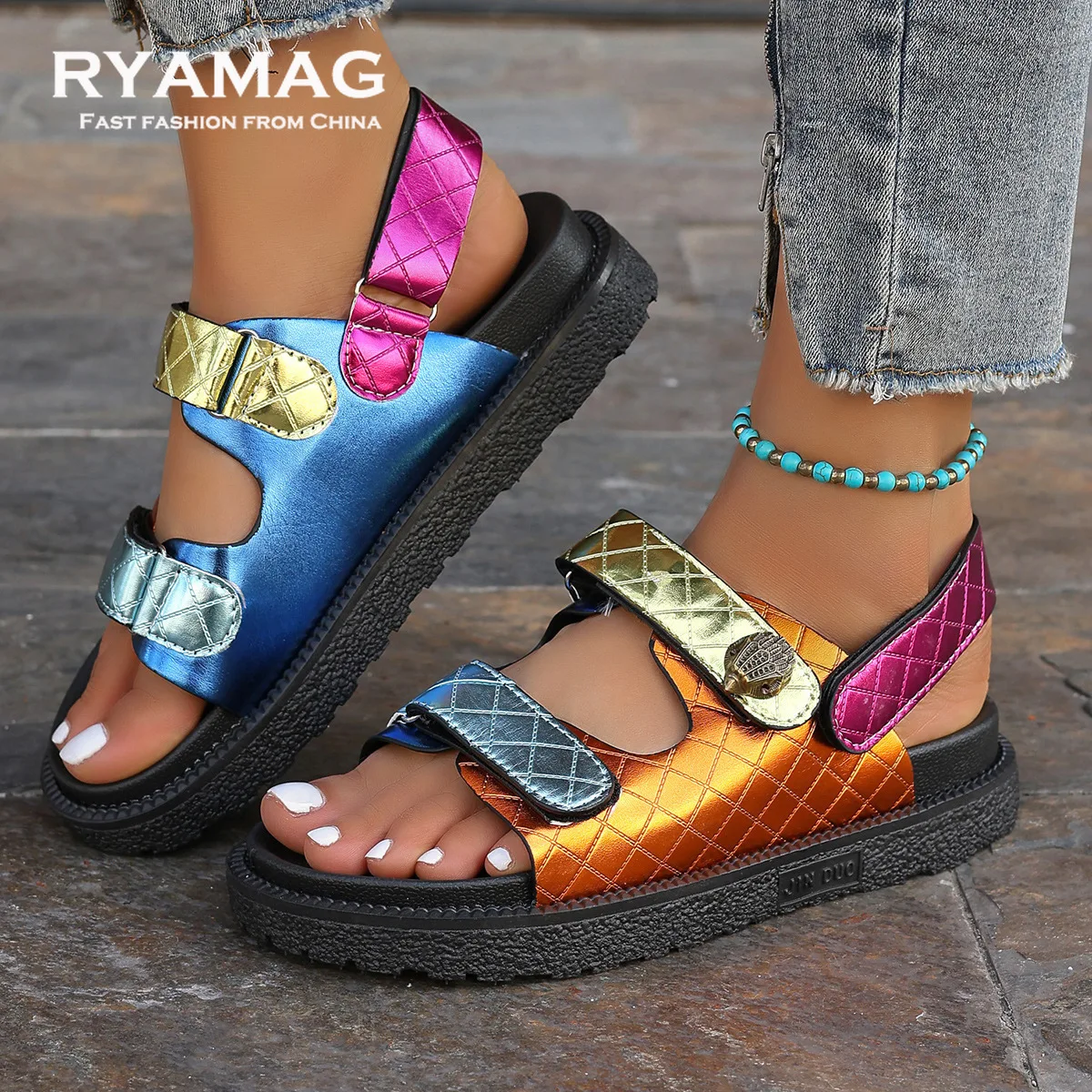 Sandals Women's Summer Classic PU Leather Ladies Roman Buckle Toe Beach Shoes Thick Bottom Fish Mouth Trifle Sandals