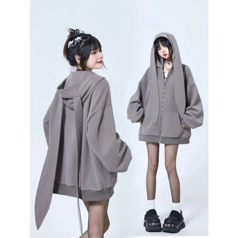 Rabbit ear hoodie women kawaii Japanese sweatshirt zipper cardigan vintage winter clothing casual versatile cute loose y2k coat